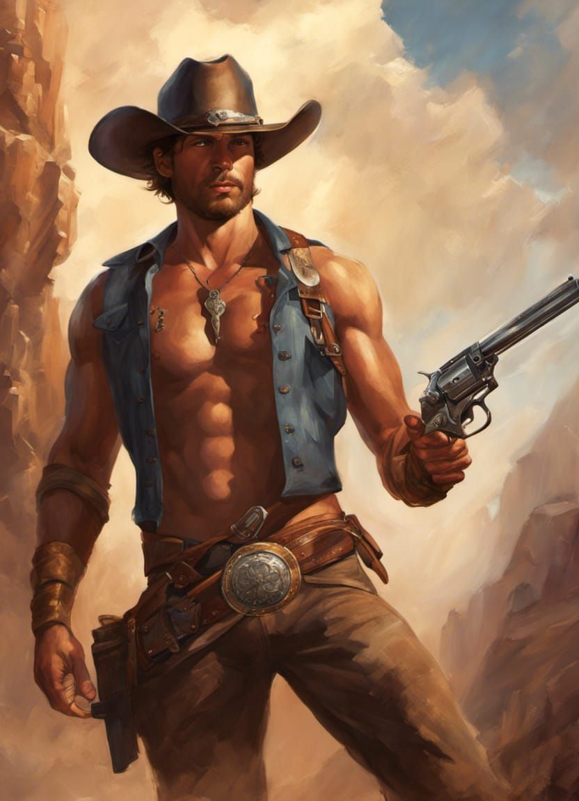 Rugged Cowboy with Six-Shooter in Fantasy Art Style