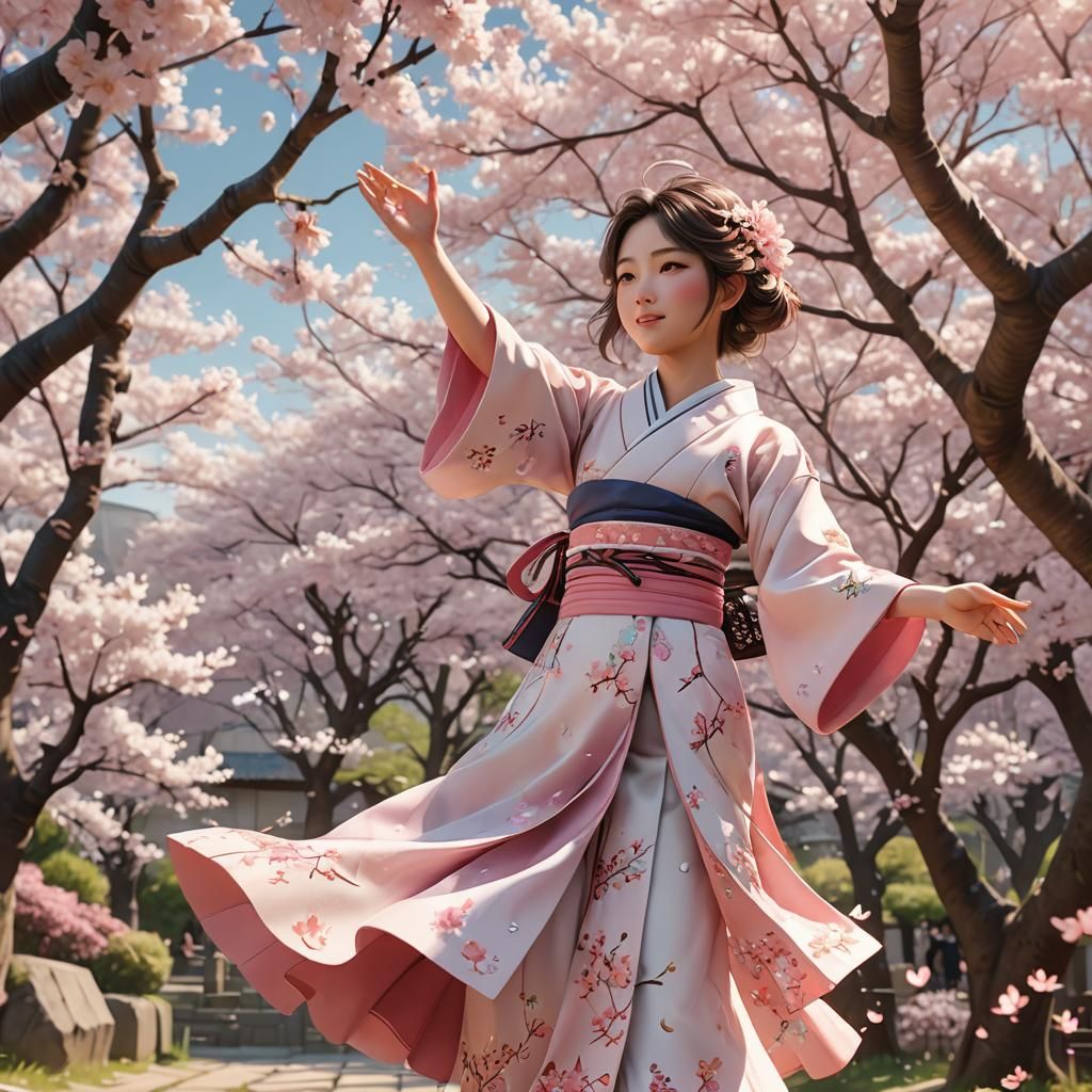 Japanese Woman Dancing Under Cherry Blossoms in Anime Style