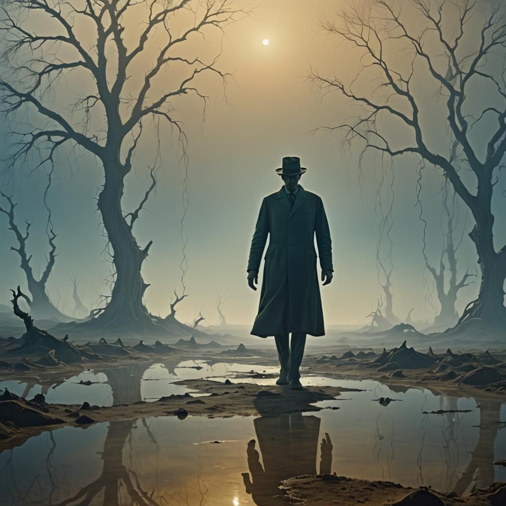 Ethereal Figure Rising in Surreal Landscape