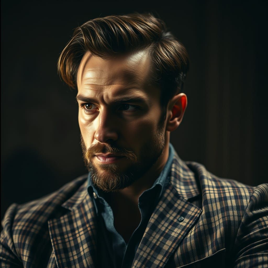 a man looking to the side wearing a gingham print jacket