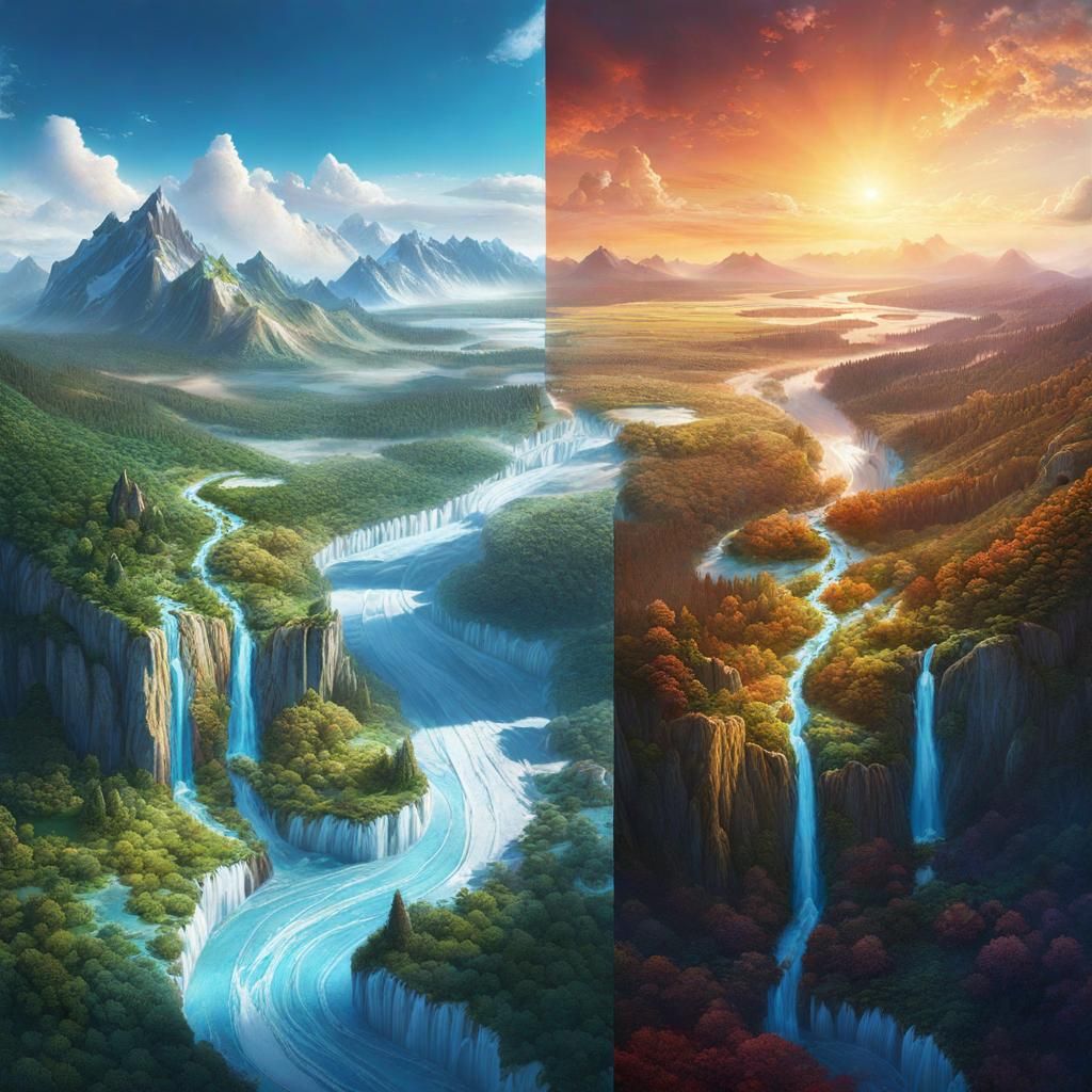 Summer to Winter Lands Aerial View in Fantasy Art