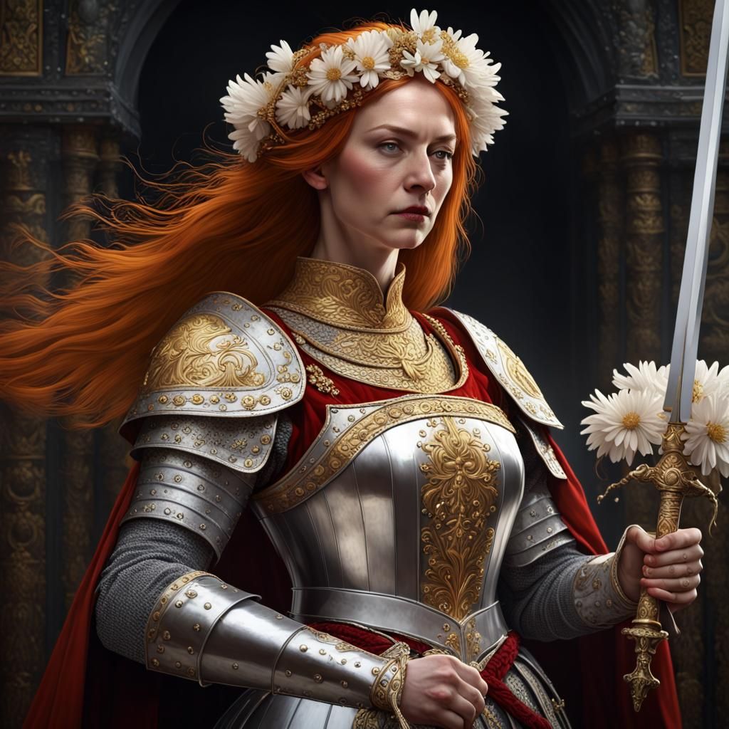 In the medieval style, Empress Matilda, Norman queen, medieval England, wearing a beautiful battle dress of gold and si...