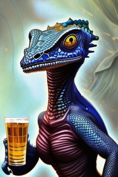 Anthropomorphic Lizard Girl Drinking Beer, Digital Illustrat...