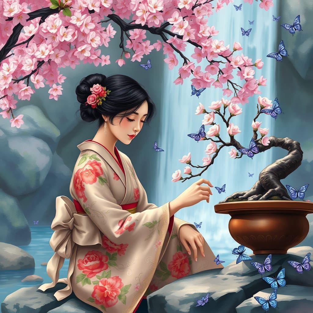 Serene Asian Garden Scene in Whimsical Impressionist Style