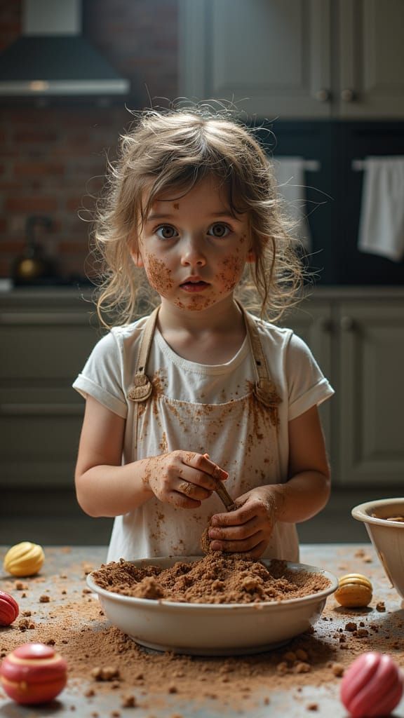 Mud-Covered Girl in Surreal Kitchen