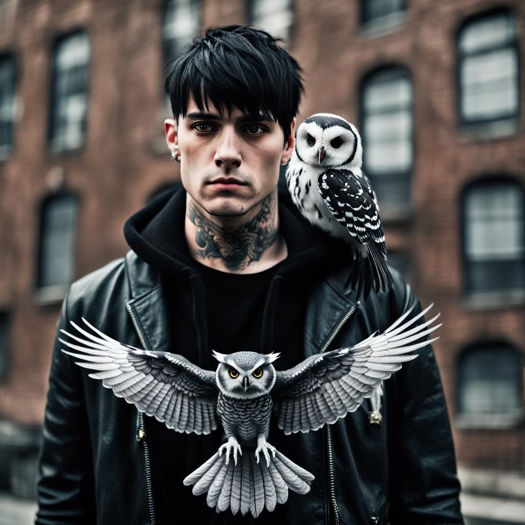 Goth Man with Owl in Demolition, Professional Photo
