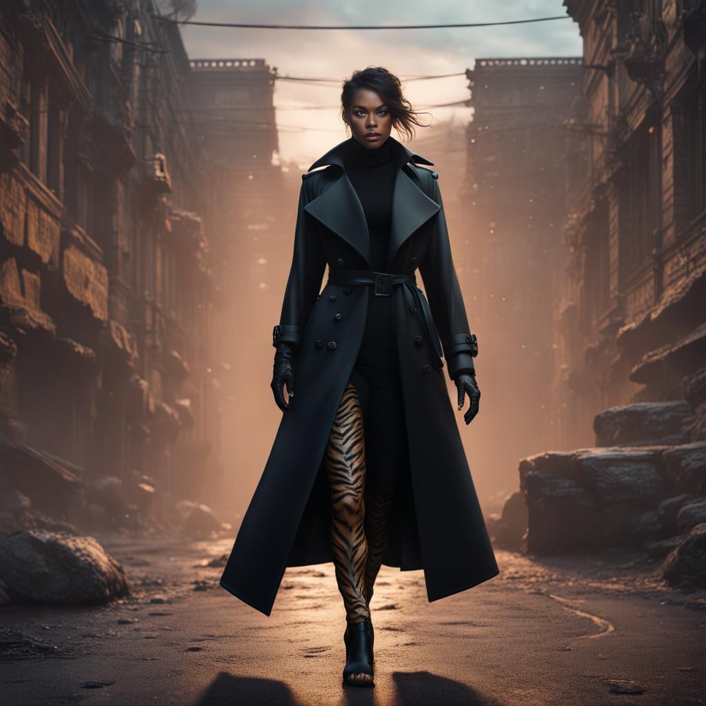 Tiger Woman in Trench Coat: Detailed Fantasy Art