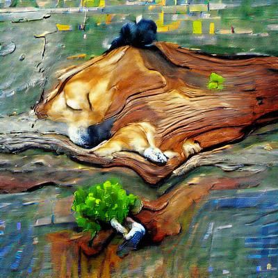 Dog Sleeping Near Tree, Acrylic Painting