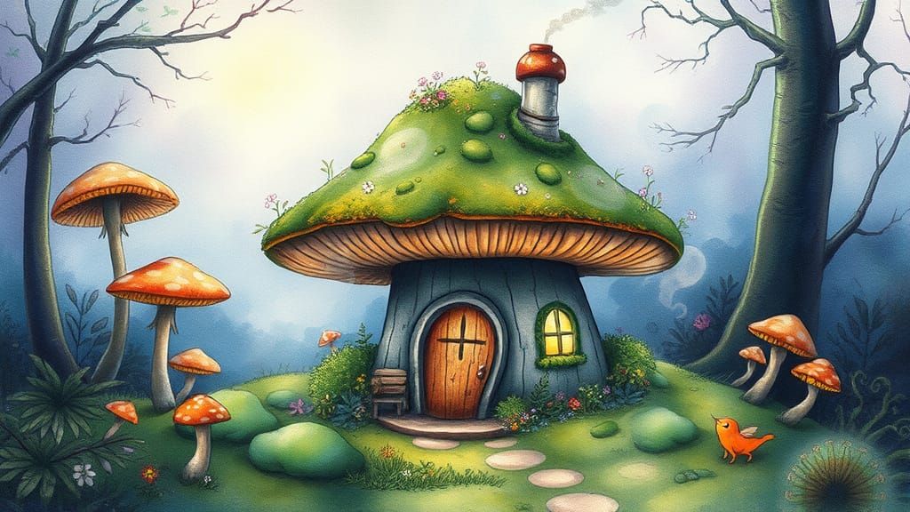 Enchanted Mushroom Abode in Whimsical Watercolor