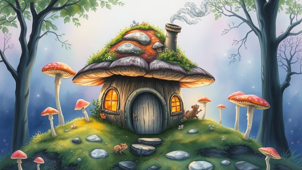 Watercolor Whimsy: Enchanted Mushroom Abode