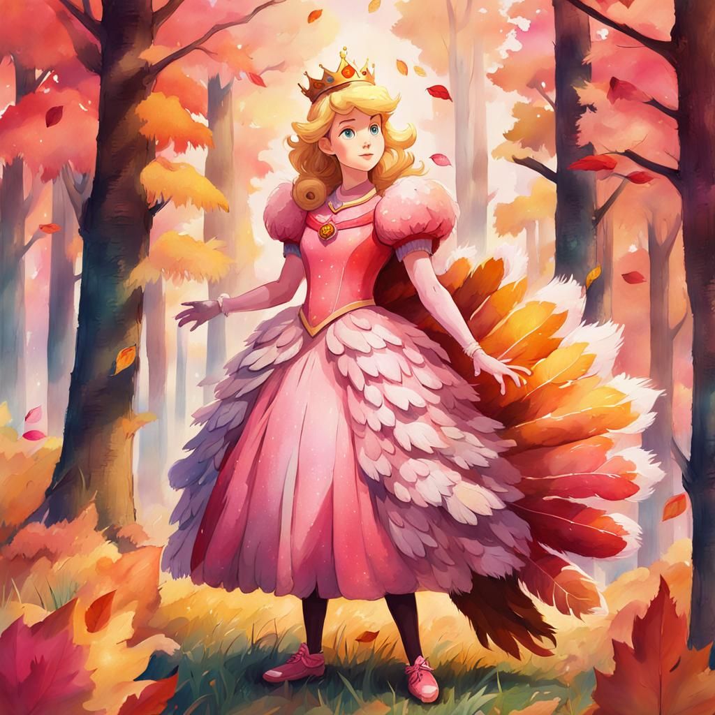 Princess Peach in Turkey Costume, Watercolor Digital Art