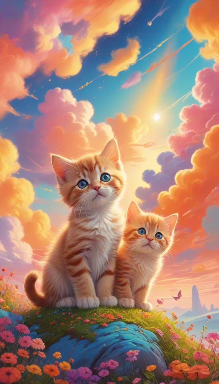 Whimsical Oil Painting of Kittens in a Fantastical Landscape