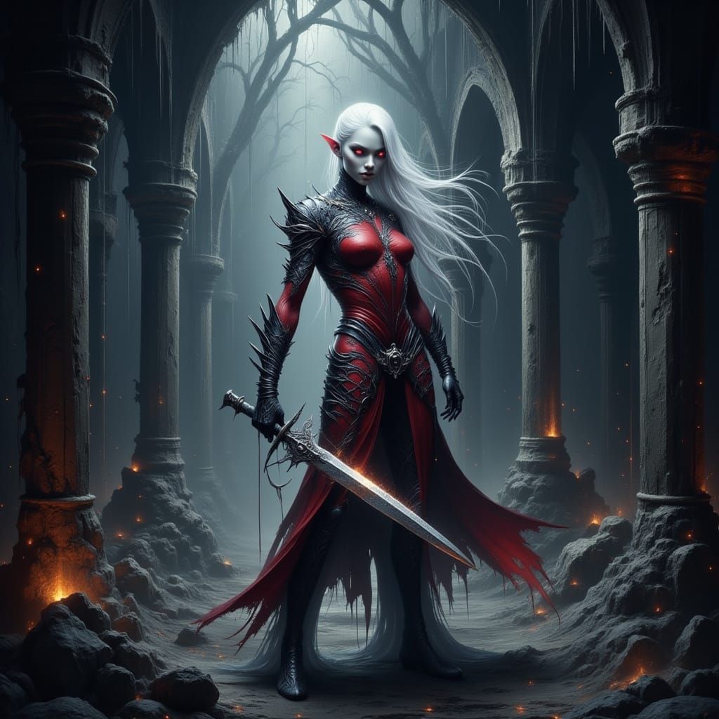 Drow Elf in Forgotten City: Dark Fantasy Art