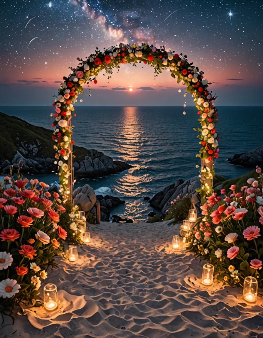 Magical Ocean Archway with Flowers and Fairy Lights