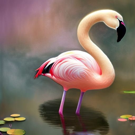 Realistic Portrait of Swan and Flamingo in Pond
