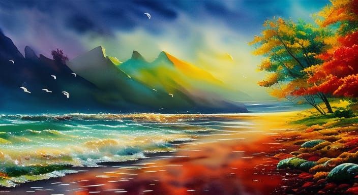 Fantasy Autumn Seascape with Fairy Lights, Watercolor Style
