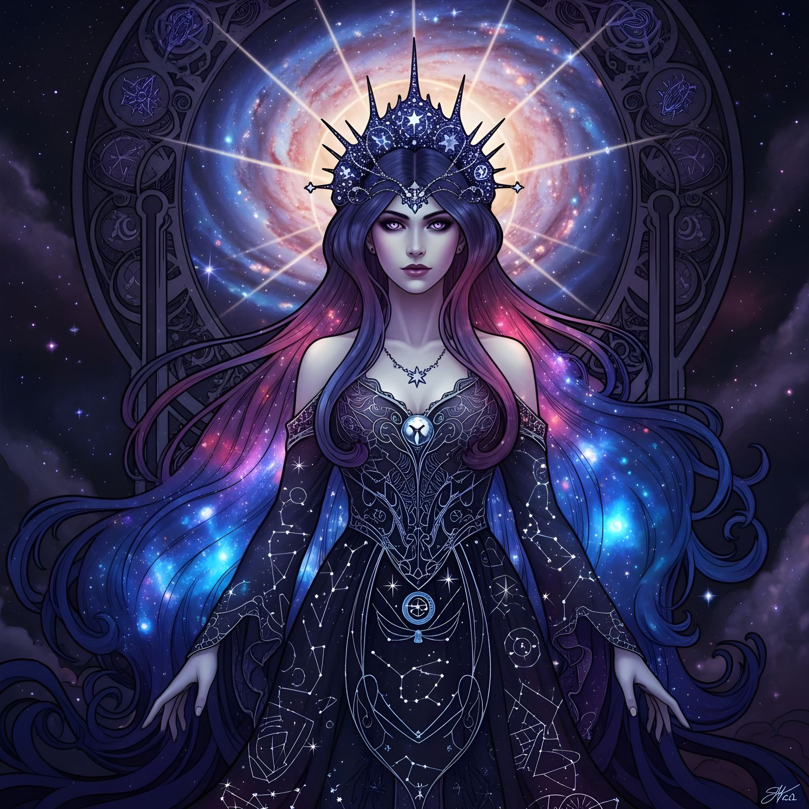 Star Goddess with Cosmic Hair in Gothic Art Style