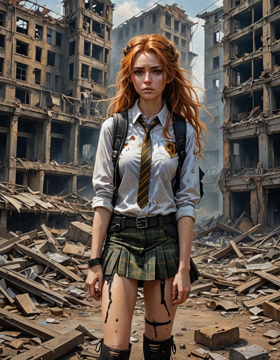 Post-Apocalyptic Student Girl in Ruined City