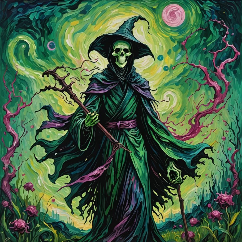 Grim Reaper in Green and Magenta Impressionism