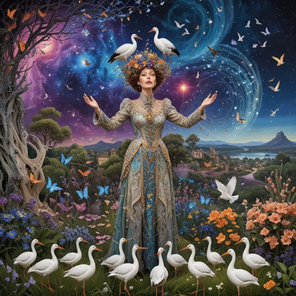 Ethereal Conductor Transforms into Birds Amid Cosmic Swirls