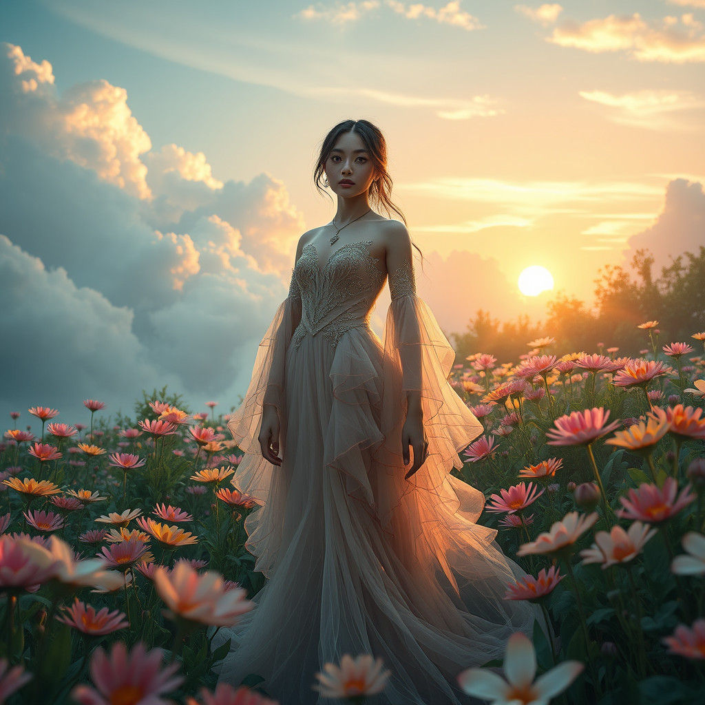Ethereal Flower Woman in Dreamlike Landscape