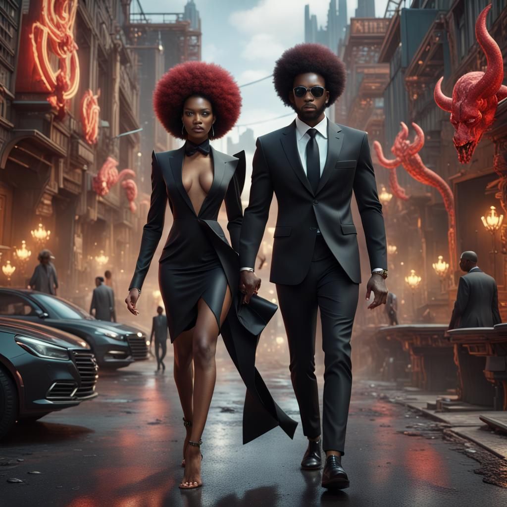 Fantastical Painting of Man and Devil Supermodel