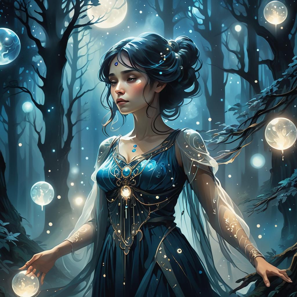 Mystical Woman in Starry Forest Concept Art