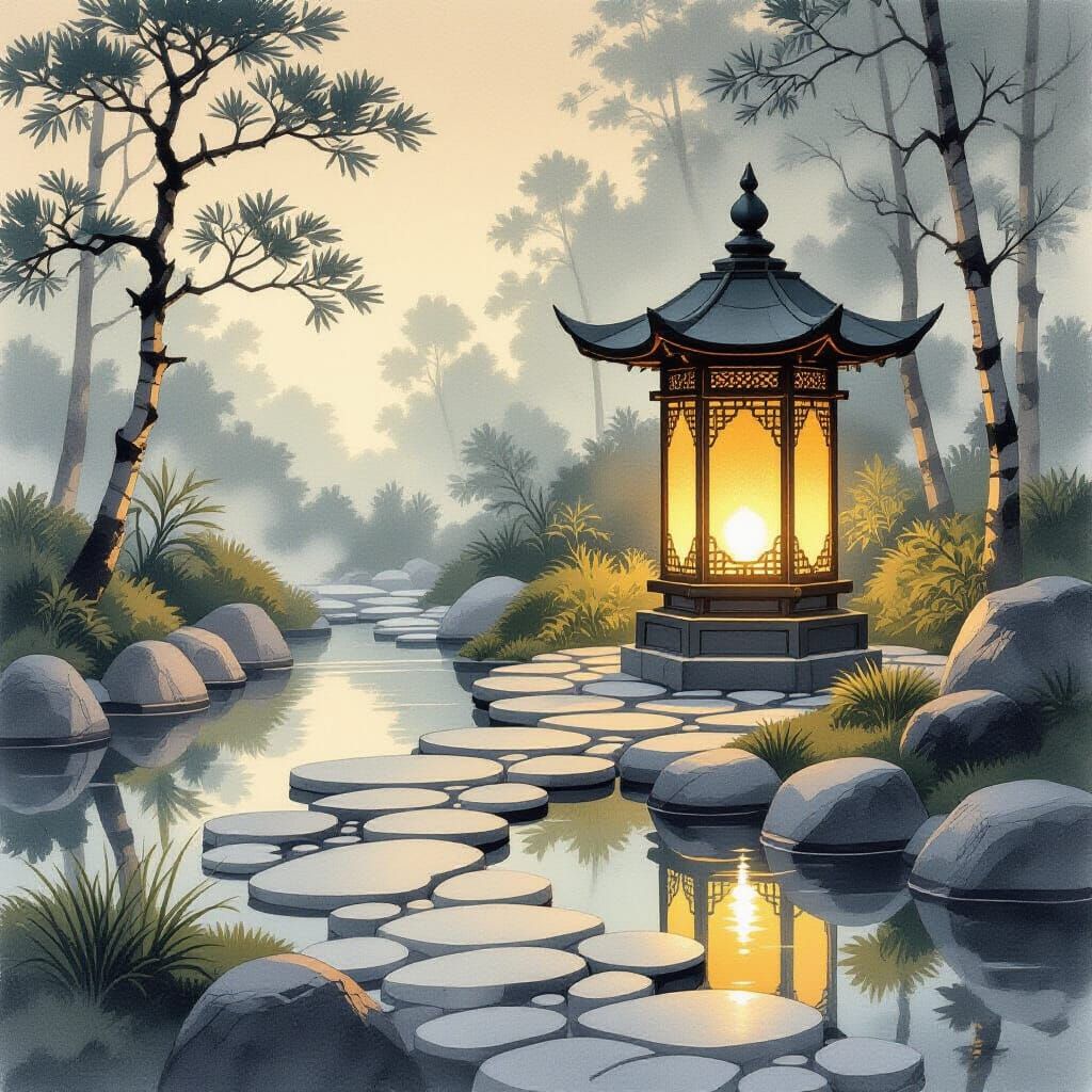 Ancient Lantern Glows in Minimalist Zen Garden