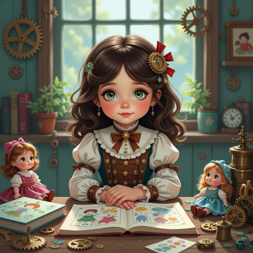 Steampunk Girl Surrounded by Toys and Gears