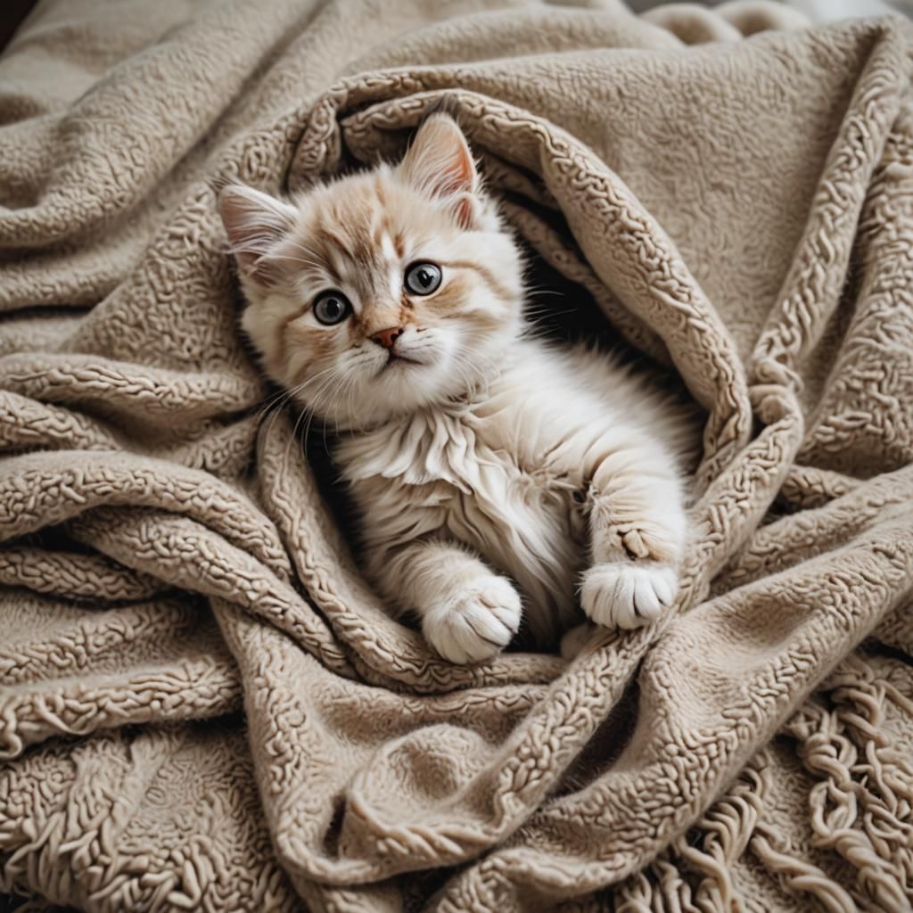 Fluffy Kitten Wrapped in Wool Blanket on Sofa