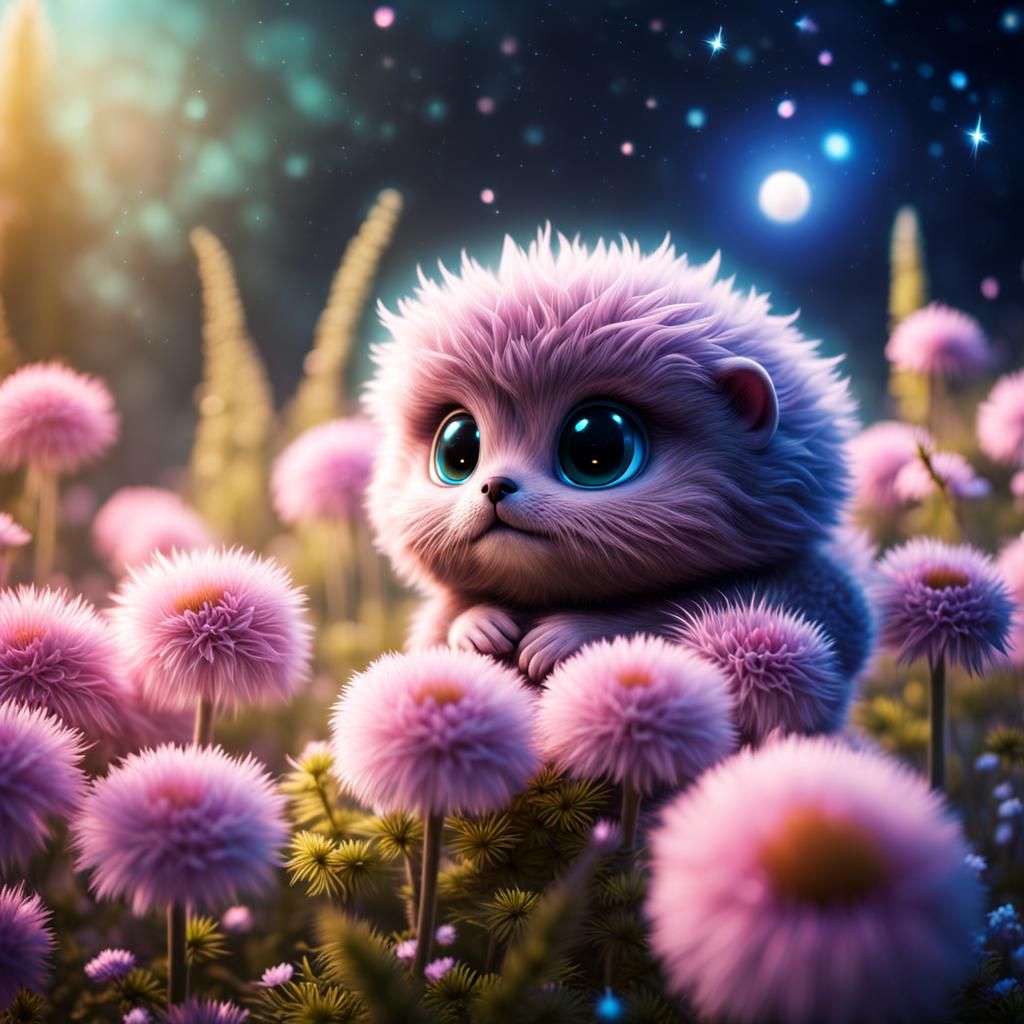 Adorable Poofy Creature with Galaxy Eyes: 3D Illustration