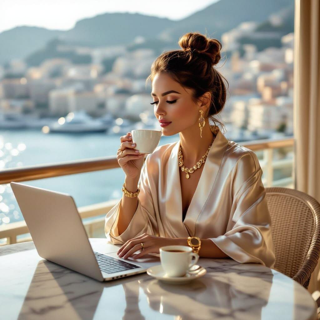 Elegant Woman Sipping Espresso on Monaco Balcony