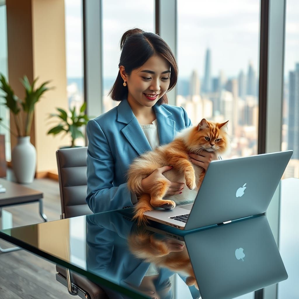 Businesswoman with Cat at Modern Office Desk