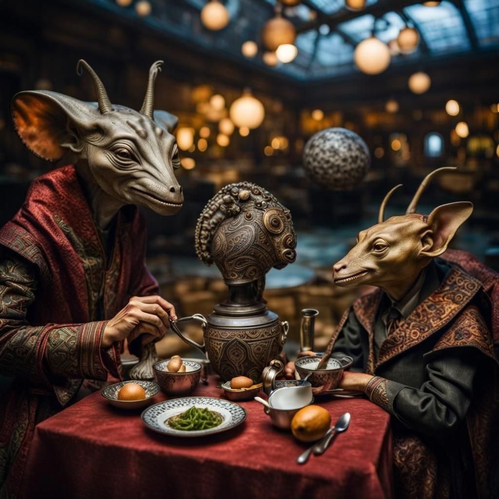 Surreal Alien Restaurant Celebration in Hyperreal Detail