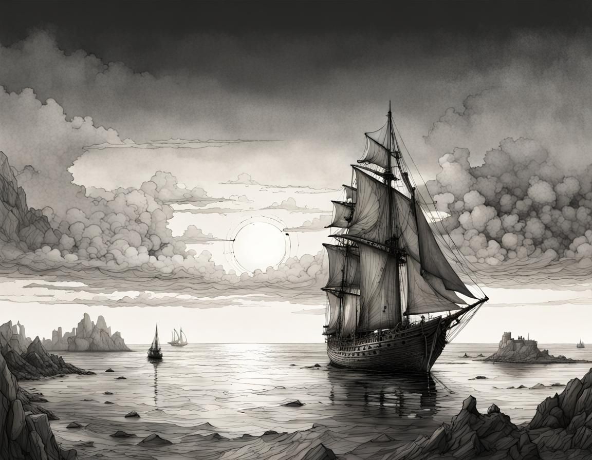 Monochrome Sunset Sailboat: Intricate Watercolor Illustratio...