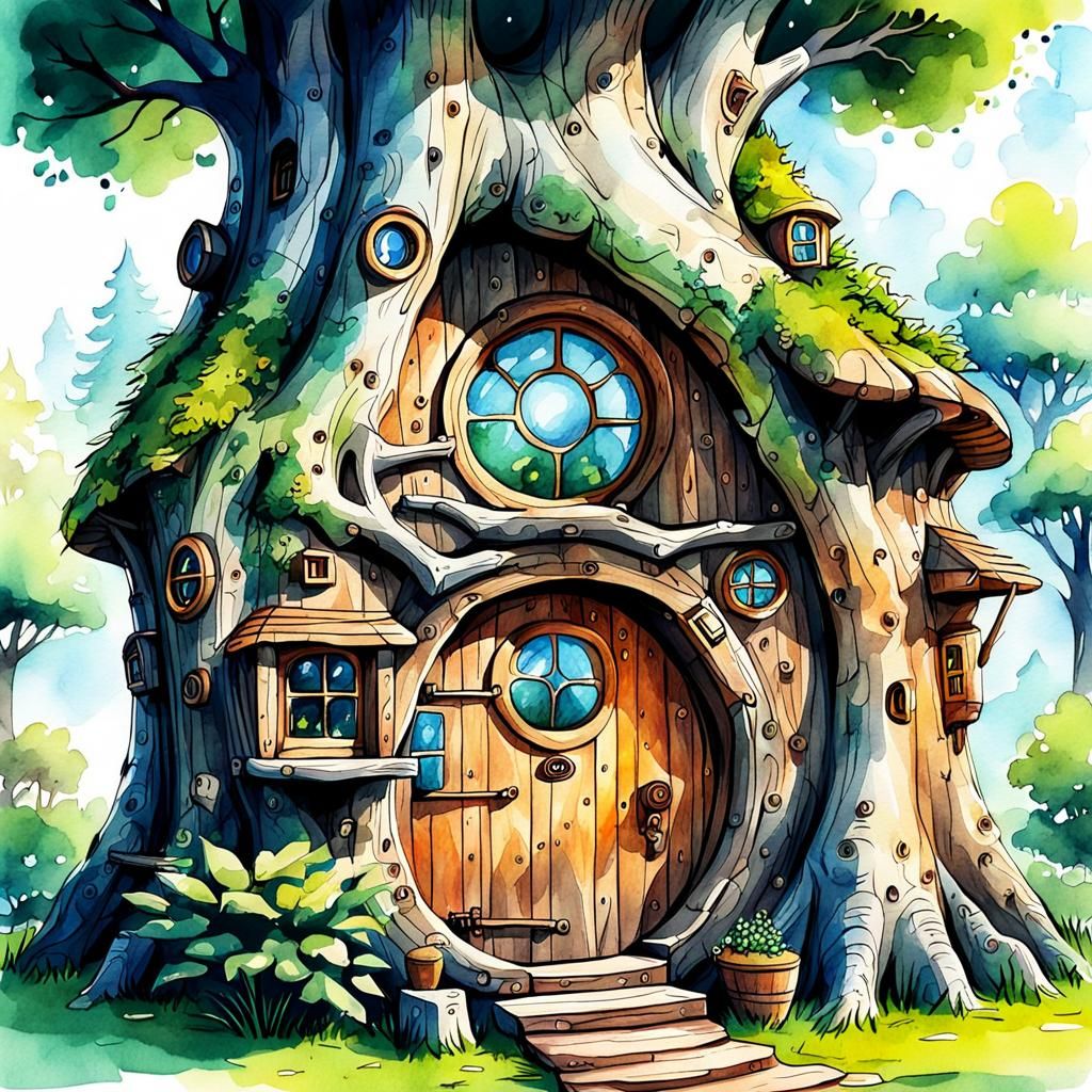 Cartoon Tree Trunk House: Digital Watercolor Illustration