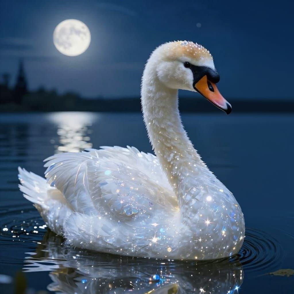 Crystal Swan on Moonlit Lake in Maximalist Style
