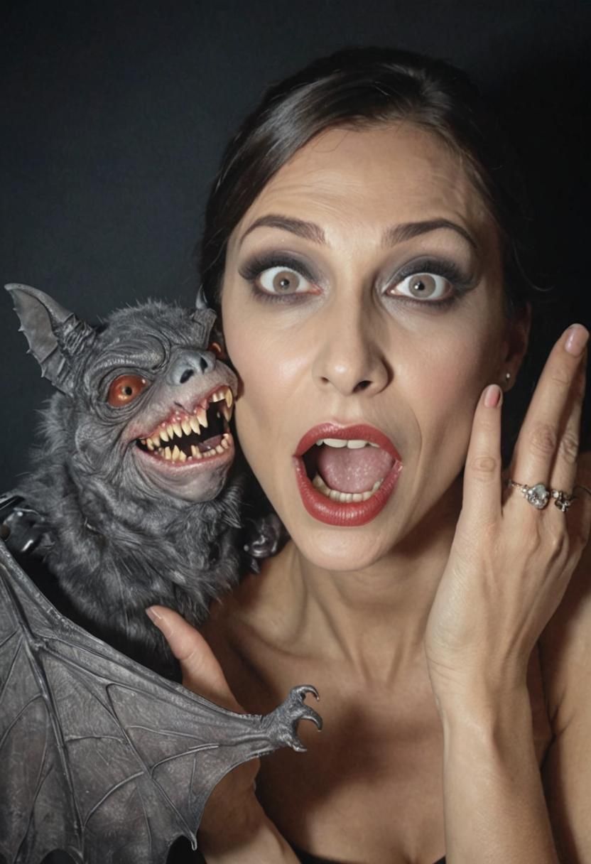 Campy Horror Photo Featuring Model and Bat Puppet