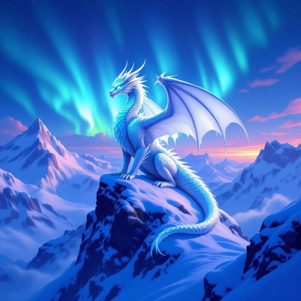 Ice Dragon on Snowy Peak: Hyperrealistic Digital Art