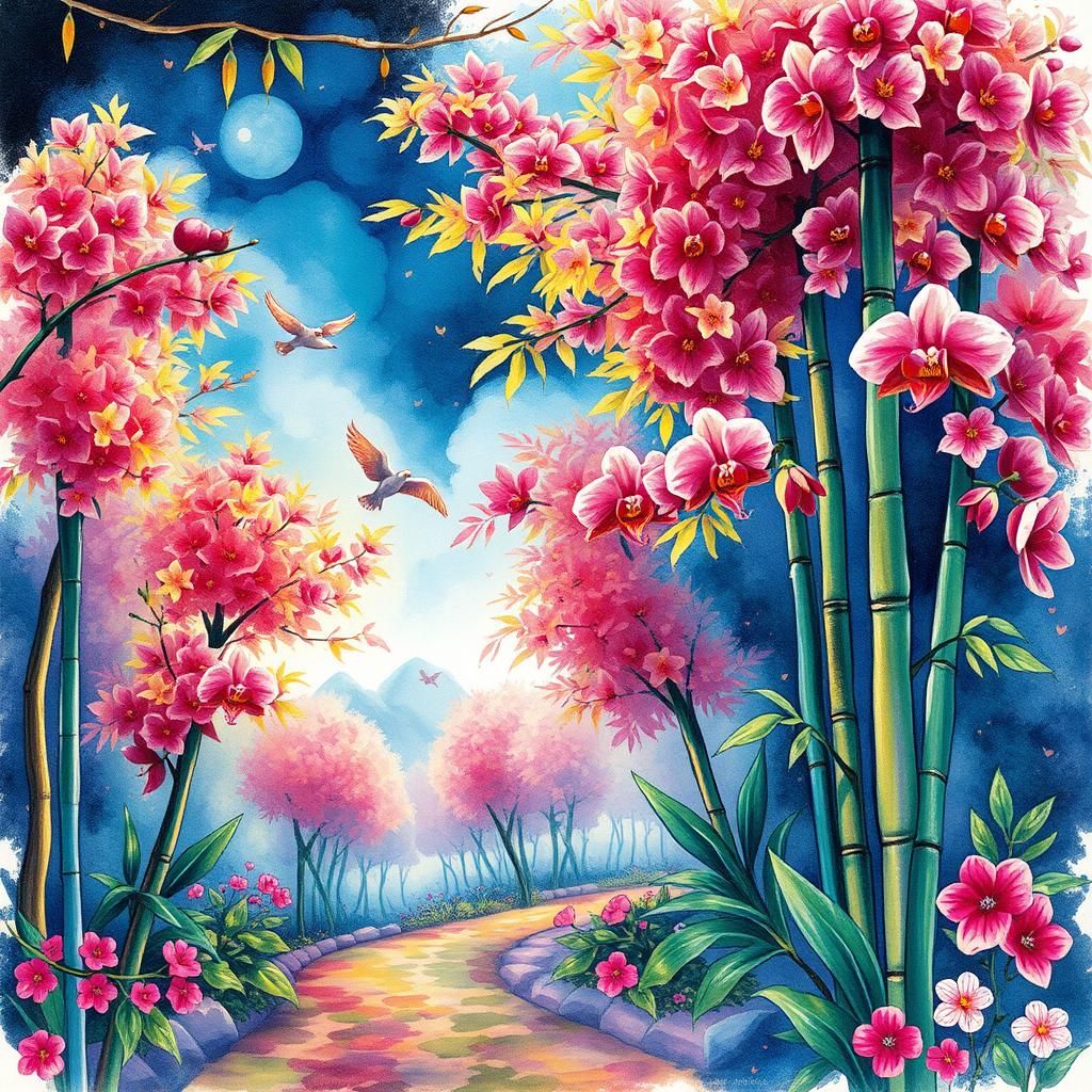 Vibrant Candyland Wonderland with Sheltered Birds