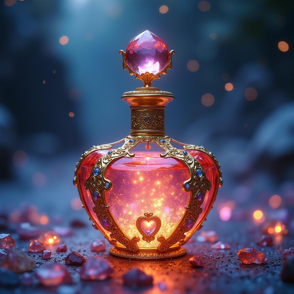 Glowing Potion Overflowing from Gilded Bottle