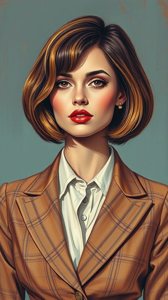 Woman in Retro Bob and Plaid Suit, Ethereal Oil Painting