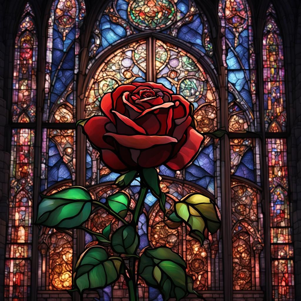 Rose in Front of Stained Glass Window