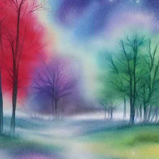 Glowing Moon Illuminates Dreamlike Forest in Watercolor