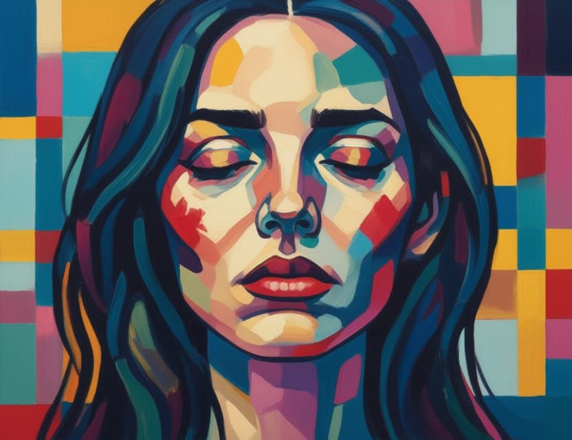 Woman with Geometric Features in Abstract Color Palette