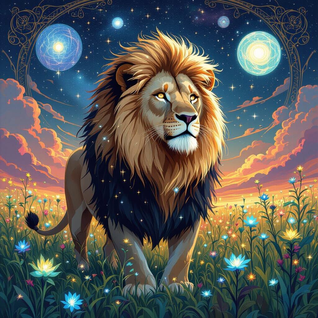 Lion with Starlight Mane in Cosmic Art Nouveau Style