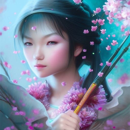 little china girl 10 years old cherry blossoms falling on umbrella Unreal Engine intricately detailed by Greg Rutkowski ...