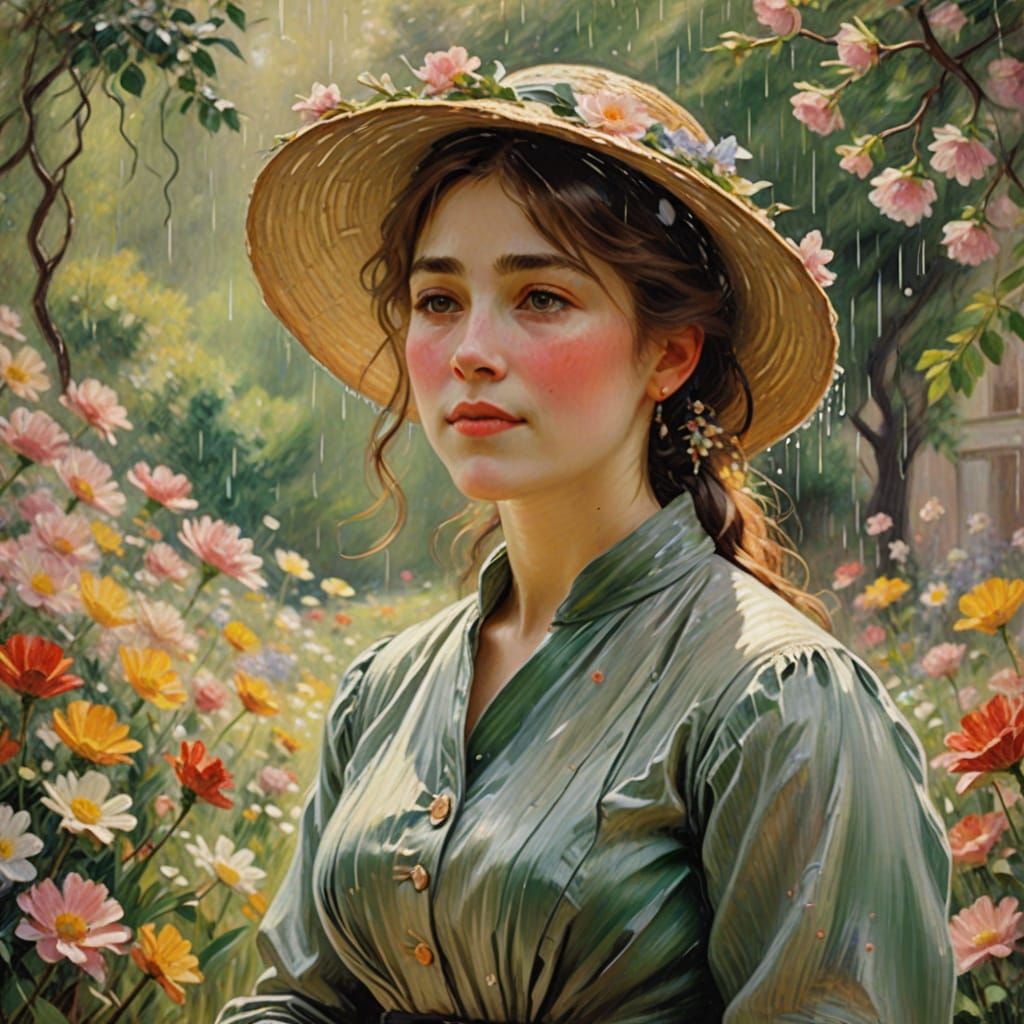 Woman in Whimsical Rainy Bloom