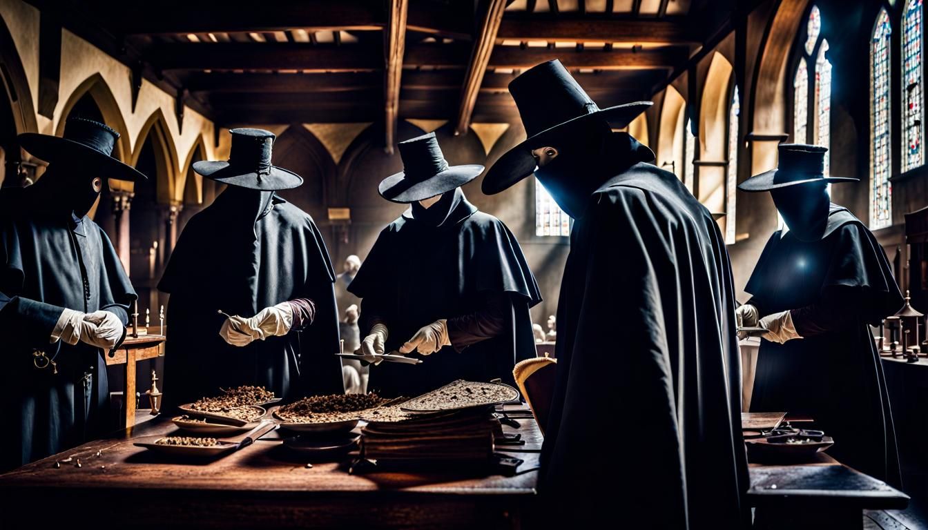 Plague Doctors Examine Patients in Medieval Hall