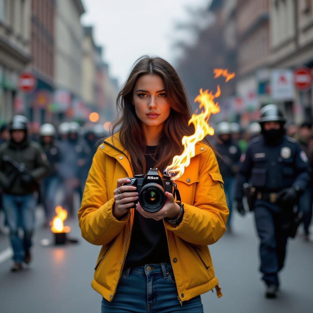 Burning Camera in Street Riot: Gritty Photographic Realism